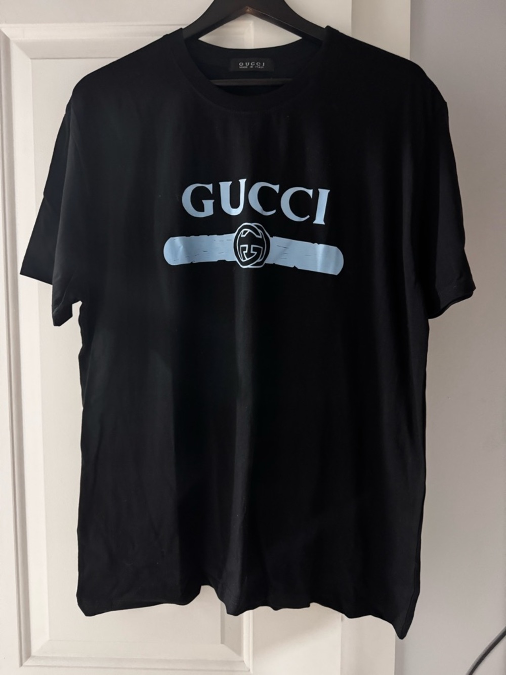 Designer Black Short Sleeve Tee with Light Blue Logo